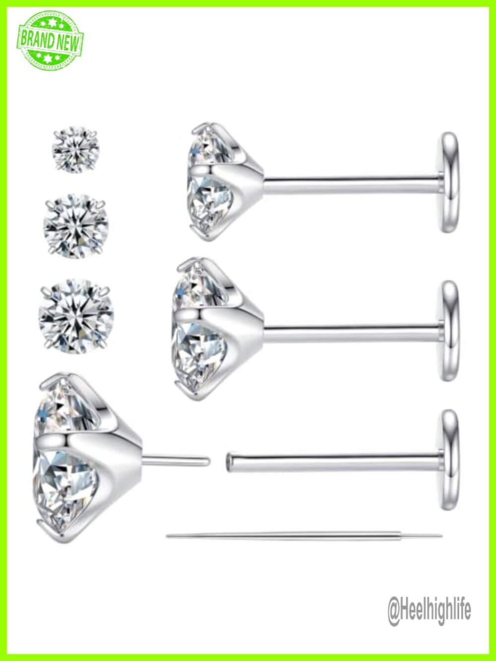 G23 Titanium Flat Back Stud Earrings Set 4/5/6mm CZ Push In 3 Pairs